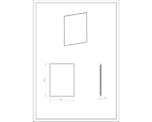 Technický nákres zrcadla o rozměrech 800 x 600 milimetrů a hloubce 29 milimetrů