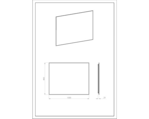 Technický výkres zrcadla o rozměrech 1000 x 800 x 29 mm