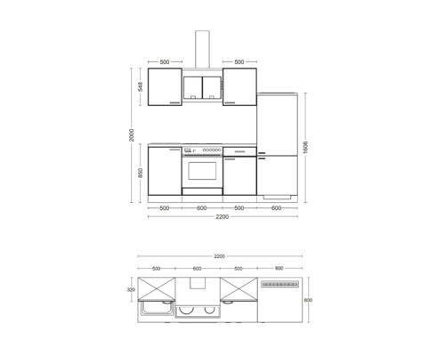Nákres kuchyně s rozměry