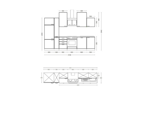 Rozměrový náčrt kuchyňské linky se skříňkami, sporákem, dřezem a odsavačem par.