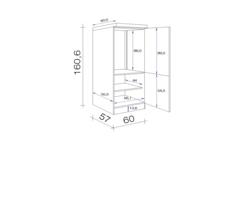 Technický výkres skříně s informacemi o výšce, šířce a hloubce