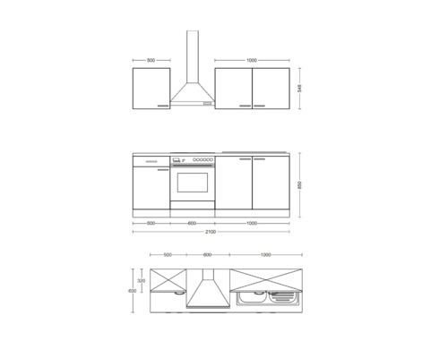 Nákres kuchyňské linky s rozměry