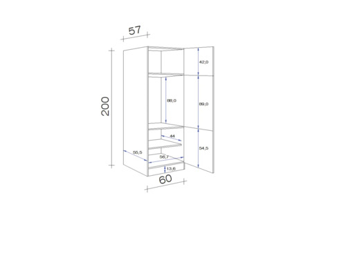 Technický výkres otevřené vysoké skříně s rozměry.