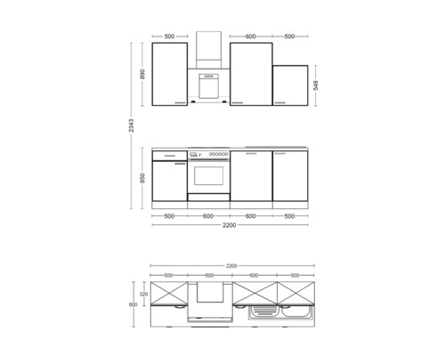 Nákres kuchyně s rozměry.