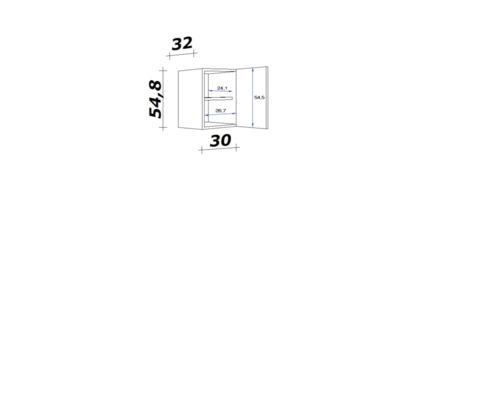 Technický výkres nástěnné skříňky s rozměry