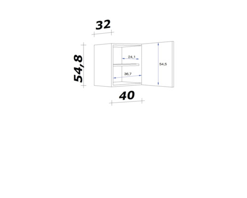 Technický nákres závěsné skříňky s rozměry