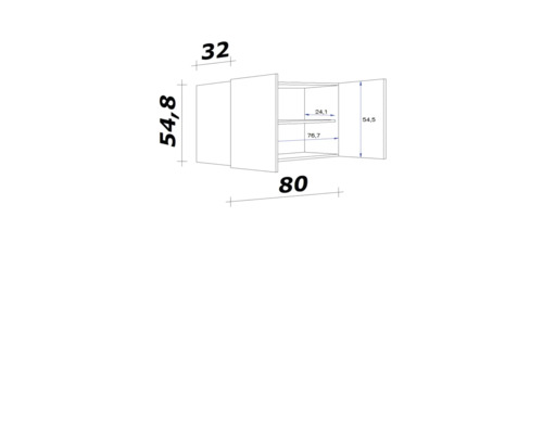 Technický nákres nástěnné skříňky s rozměry