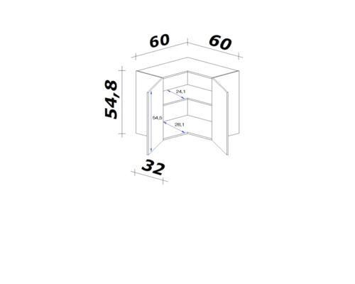 Technický výkres rohové skříně s rozměry
