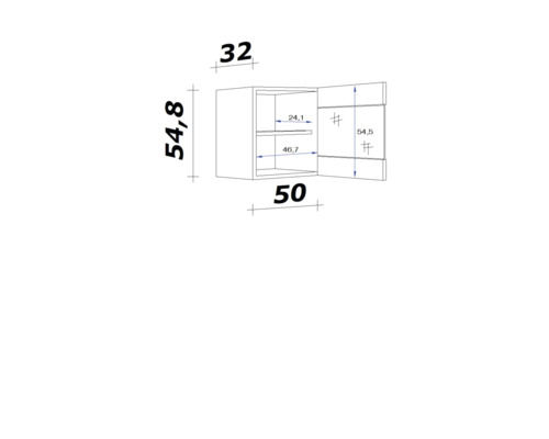 Technický nákres závěsné skříňky s rozměry.