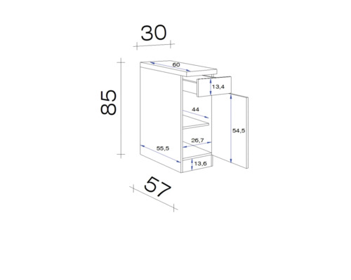 Technický výkres spodní skříňky se zásuvkou a dvířky včetně rozměrů