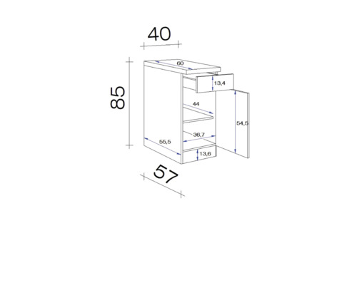 Rozměrový nákres spodní skříňky se zásuvkou a dvířky s rozměry