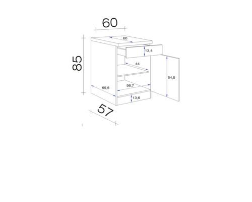 Nákres skříně se zásuvkou a dvířky a rozměry v centimetrech