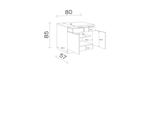 Technický nákres skříňky pod umyvadlo s rozměry.