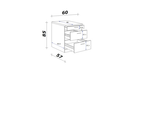 Technický výkres spodní skříňky se třemi zásuvkami a rozměry.