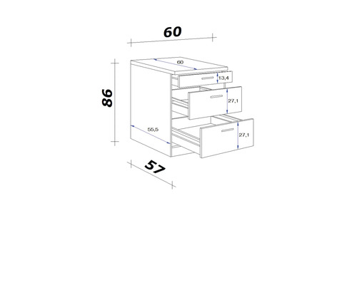Technický nákres skříně se zásuvkami a rozměry.