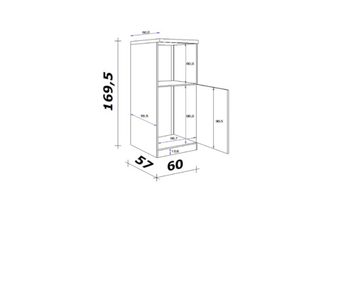 Technický nákres vysoké skříně s rozměry