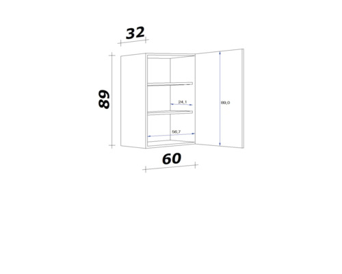 Technický nákres nástěnné skříňky s rozměry