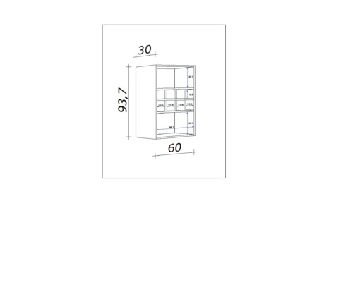 Rozměrový nákres nástěnné skříňky s přihrádkami, výška 93,7 cm, šířka 60 cm, hloubka 30 cm