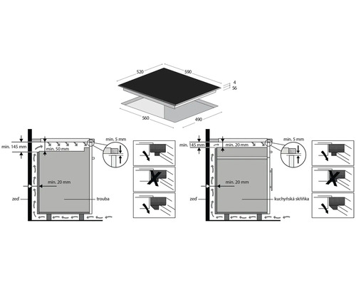 Montážní náčrt varných desek s rozměry pro instalaci