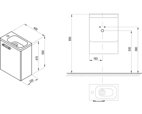 Technický nákres skříňky pod umyvadlo s rozměry