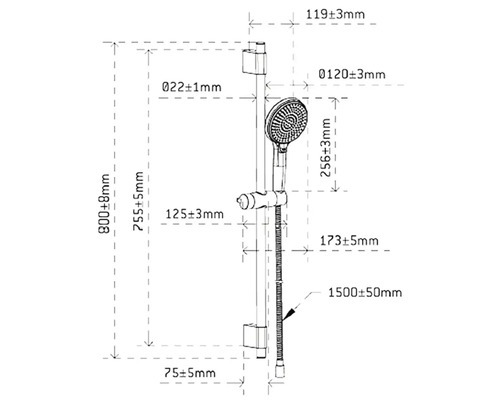 Rozměrový výkres sprchové tyče s ruční sprchou a hadicí
