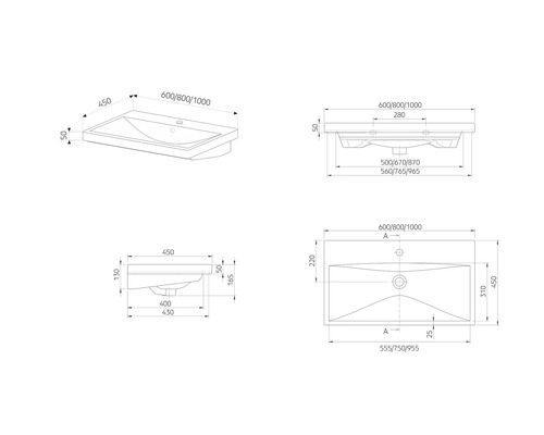 Technický výkres umyvadla s rozměry