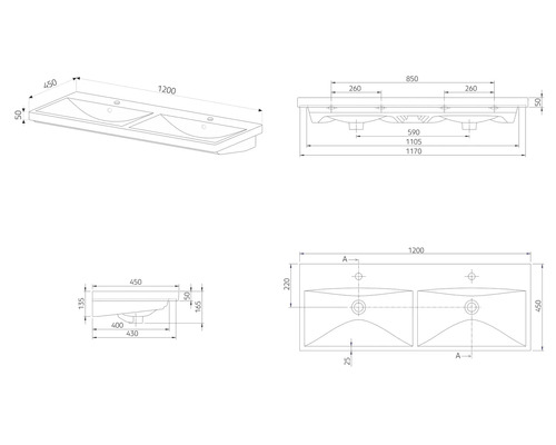Technický výkres dvojitého umyvadla s rozměry