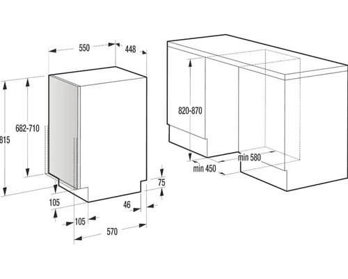 Rozměrový výkres myčky nádobí s příslušnými rozměry.