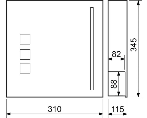 Technický nákres zrcadlové skříňky s rozměry