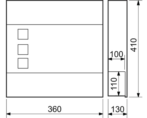 Technický výkres zrcadlové skříňky o rozměrech 410 x 360 x 130 milimetrů