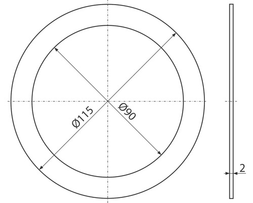 Technický výkres podložky s vnějším průměrem 115 mm, vnitřním průměrem 90 mm a tloušťkou 2 mm.