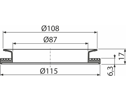 Technický výkres s rozměry součásti: průměry 108 mm, 87 mm a 115 mm, výšky 17 mm a 6,3 mm.