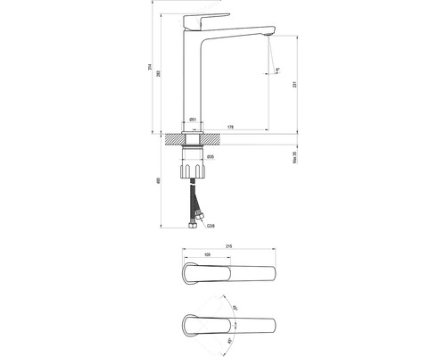 Technický výkres vodovodní baterie s rozměry