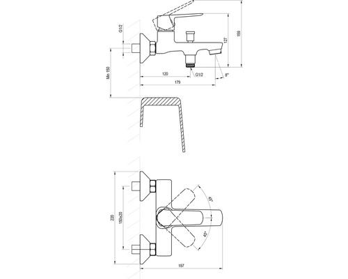 Technický nákres vodovodní baterie s rozměry