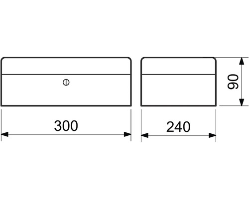 Technický výkres pouzdra o rozměrech 300 x 240 x 90 mm