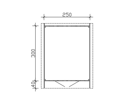 Technický nákres zahradního boxu o rozměrech 250 x 300 x 40 centimetrů.