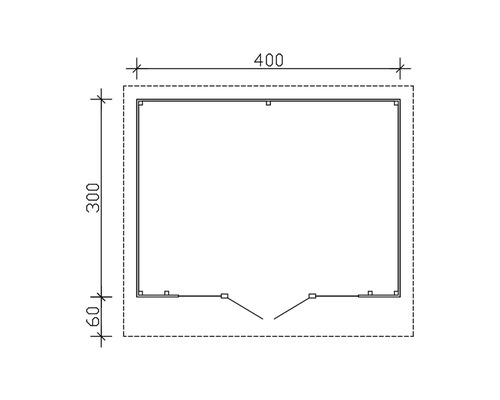 Půdorys zahradního domku o rozměrech 400 x 300 plus 60 centimetrů