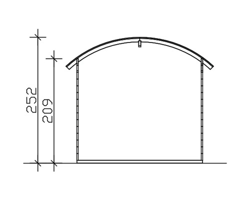 Technický výkres zahradního domku s výškovými údaji v centimetrech