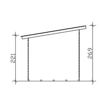 Technický nákres zahradního domku s rozměry 221 cm výška vpředu a 269 cm výška vzadu