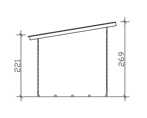 Technický nákres zahradního domku s rozměry 221 cm výška vpředu a 269 cm výška vzadu