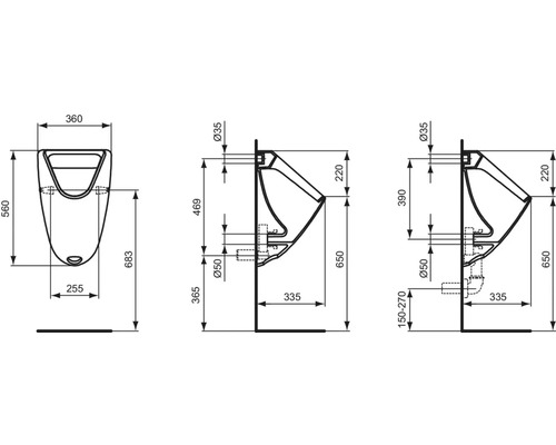Technický nákres pisoáru s rozměry