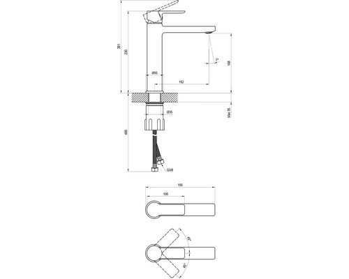 Technický nákres vodovodní baterie s rozměry