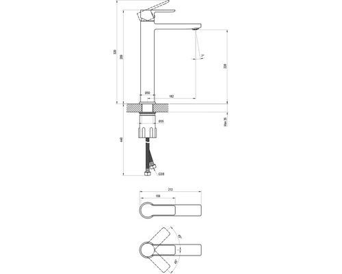 Technický nákres vodovodní baterie s rozměry.