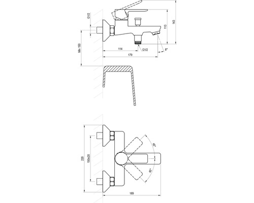 Technický výkres vodovodní baterie s rozměry