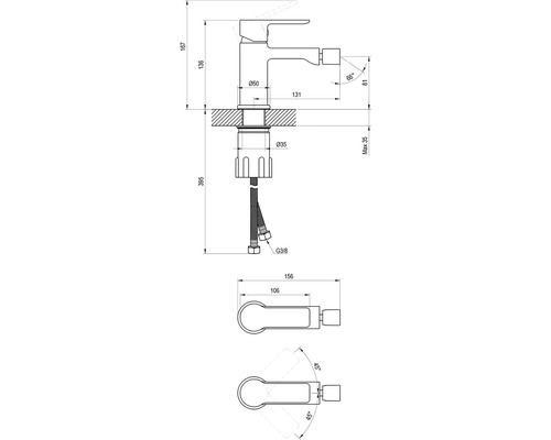 Technický výkres umyvadlové baterie s rozměry