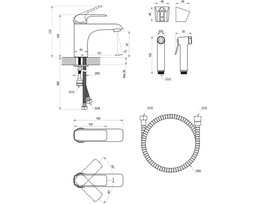 Technický nákres armatury s příslušnými rozměry