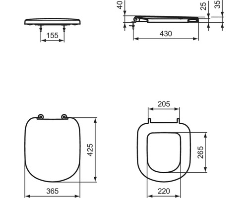 Technický nákres WC sedátka s rozměry