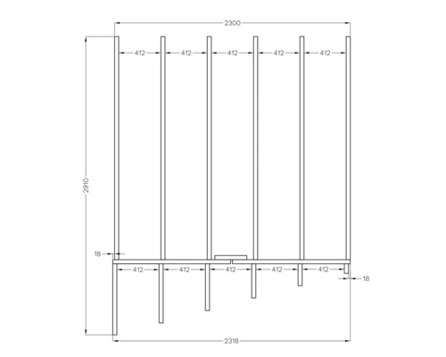 Technický výkres regálu s rozměry.