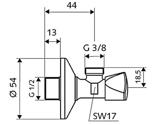 Technický výkres rohového regulačního ventilu s rozměry