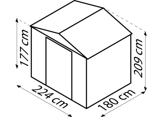 Obrázek rozměrů zahradního domku: 177 centimetrů x 224 centimetrů x 209 centimetrů x 180 centimetrů